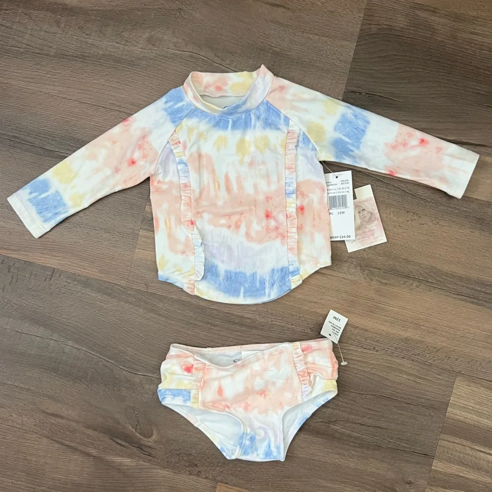 NWT Jessica Simpson Toddler Tie-Dye Two Piece Swimsuit Long Sleeve Rashguard 12m